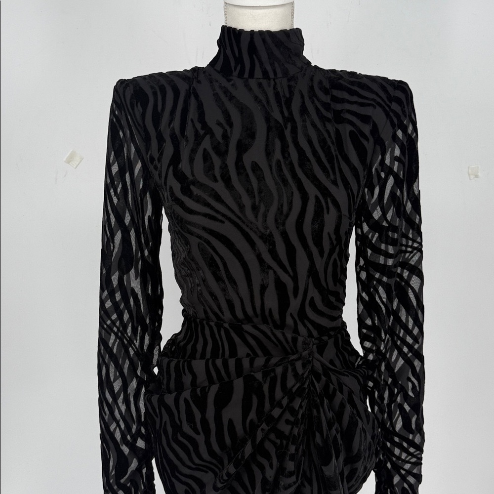 NWT🖤PrettyLittleThing Black Zebra Devore High Neck Draped Midi Dress Sz 4US - Picture 8 of 13
